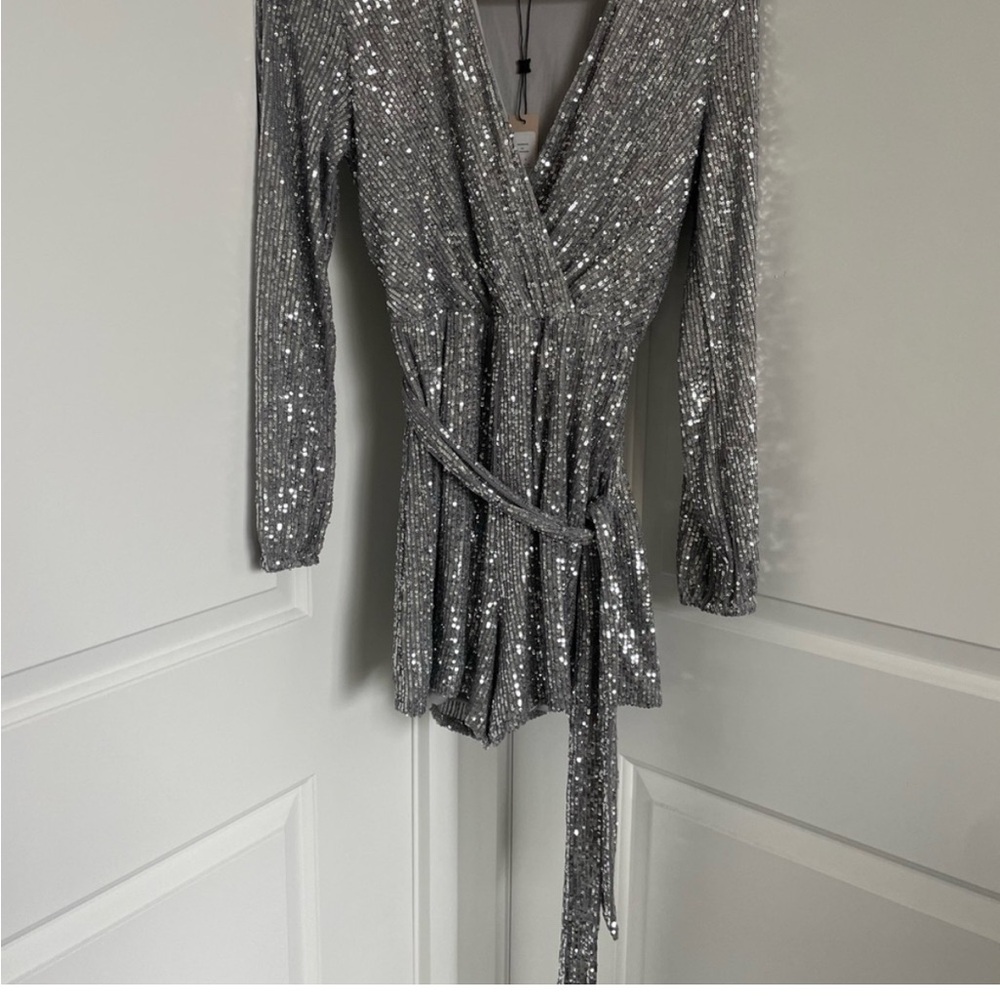 BCBGeneration Silver Sequin Wrap Dress